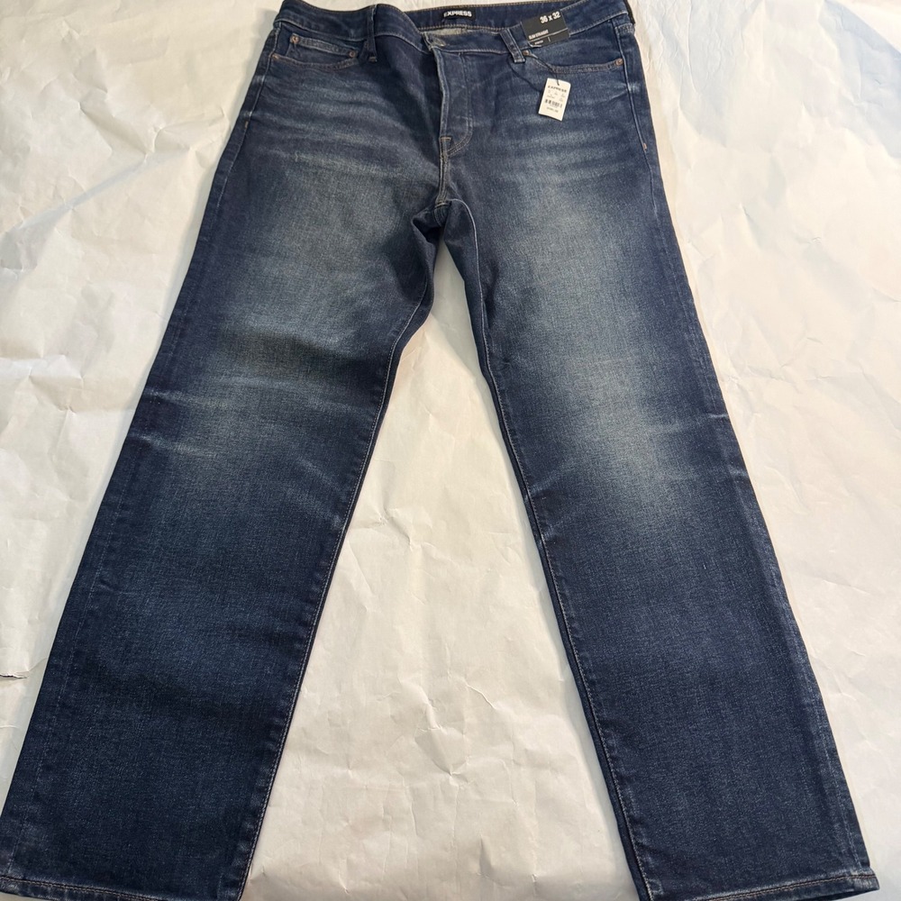 Express Mens Slim Straight Stretch‎ Dark Faded Wash Jeans Whiskering 36x32